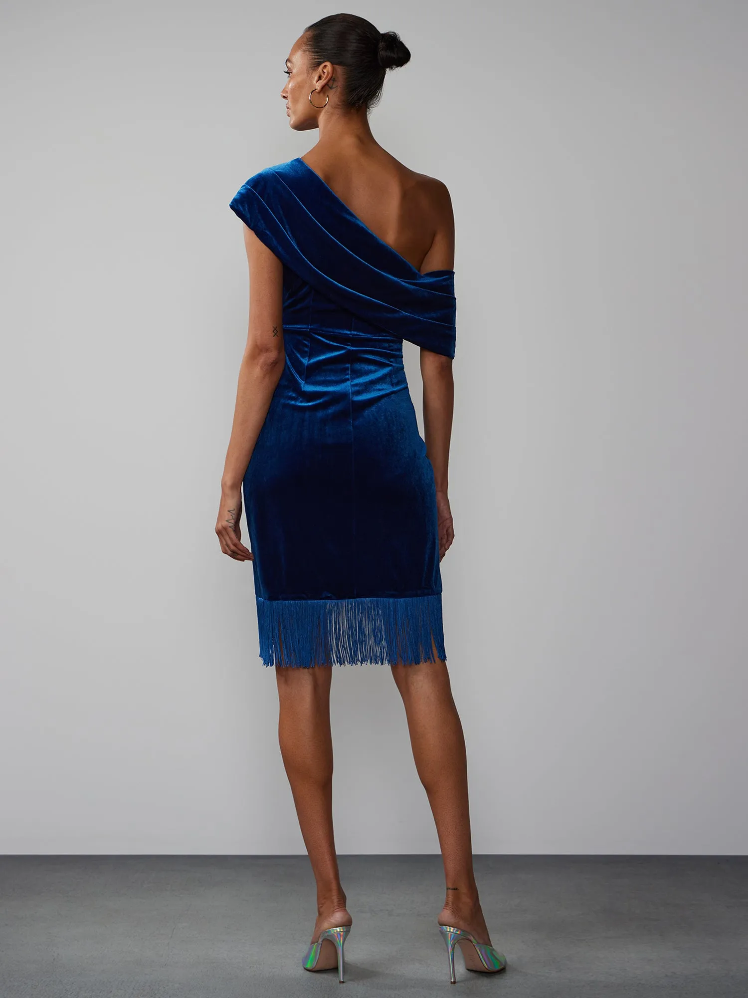 Off Shoulder Velvet Fringe Hem Dress