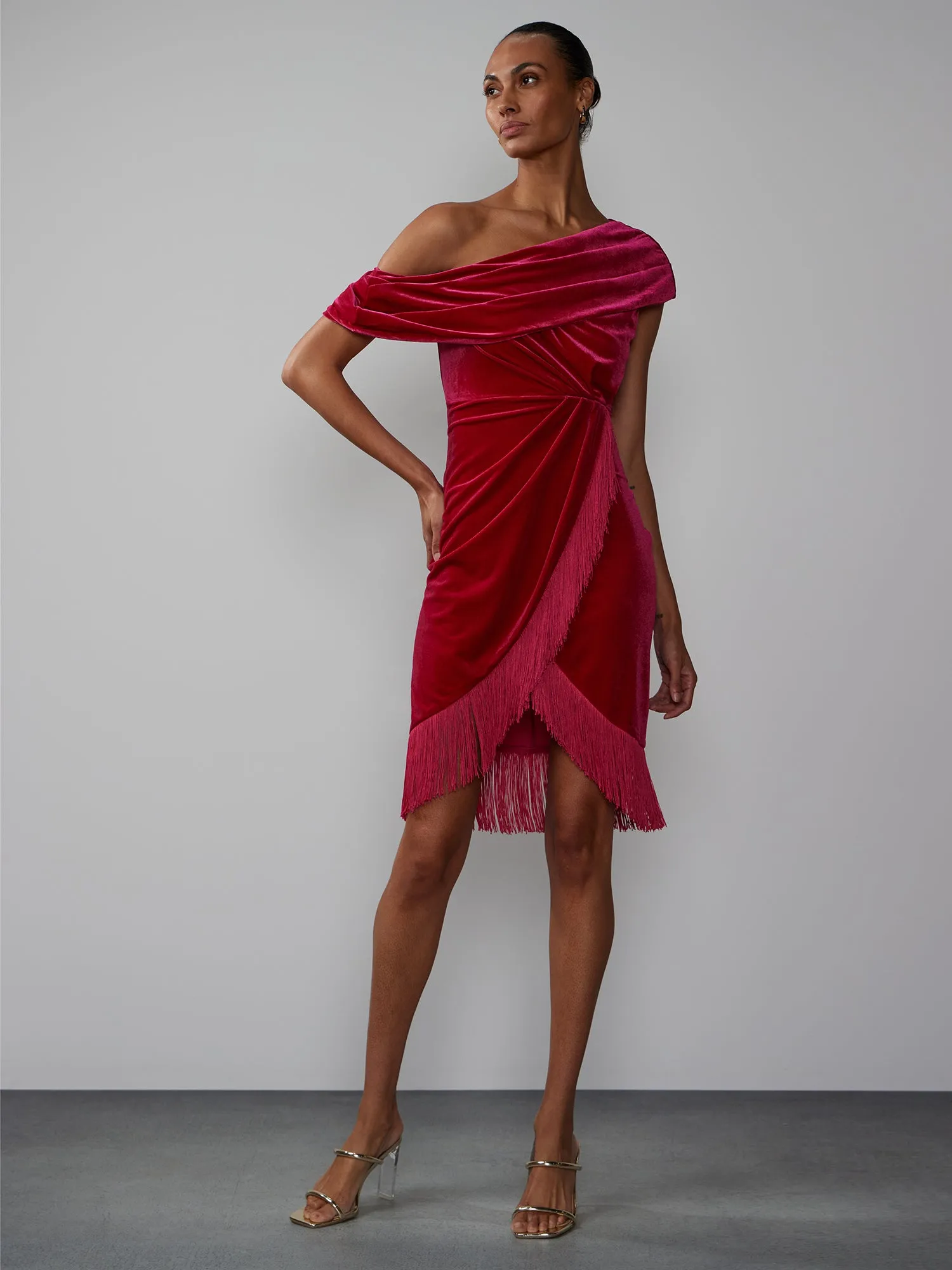 Off Shoulder Velvet Fringe Hem Dress