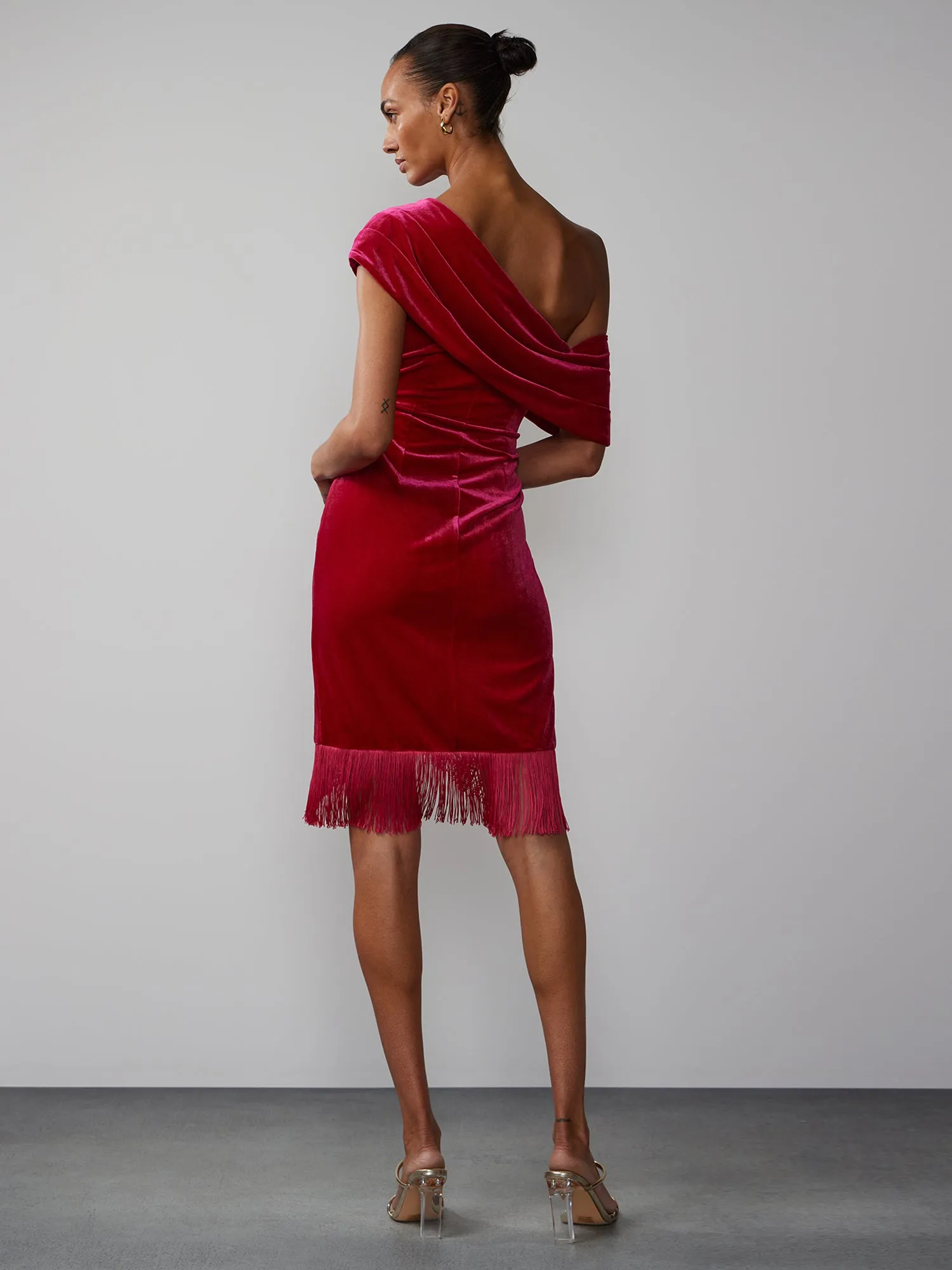 Off Shoulder Velvet Fringe Hem Dress