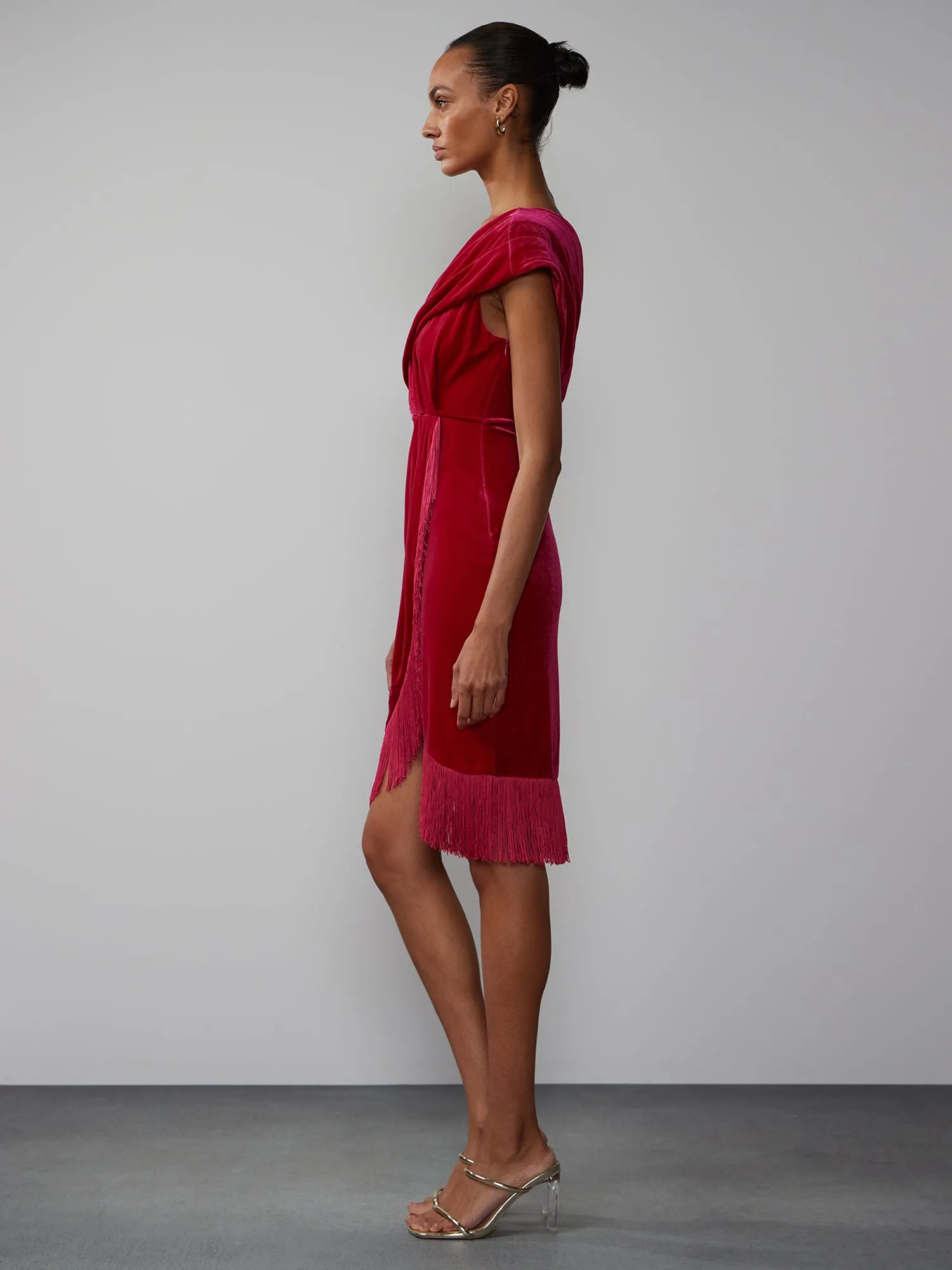 Off Shoulder Velvet Fringe Hem Dress