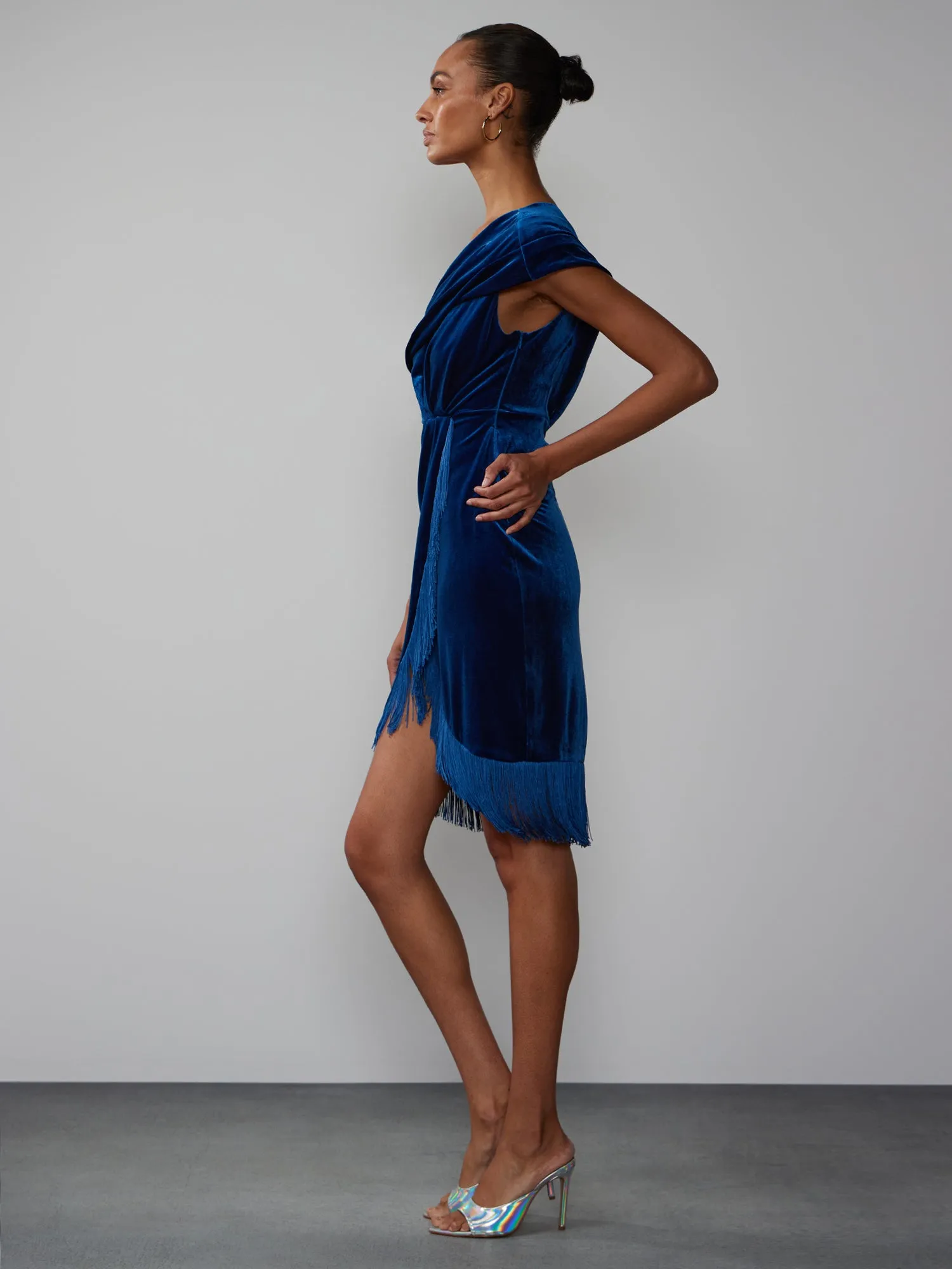 Off Shoulder Velvet Fringe Hem Dress