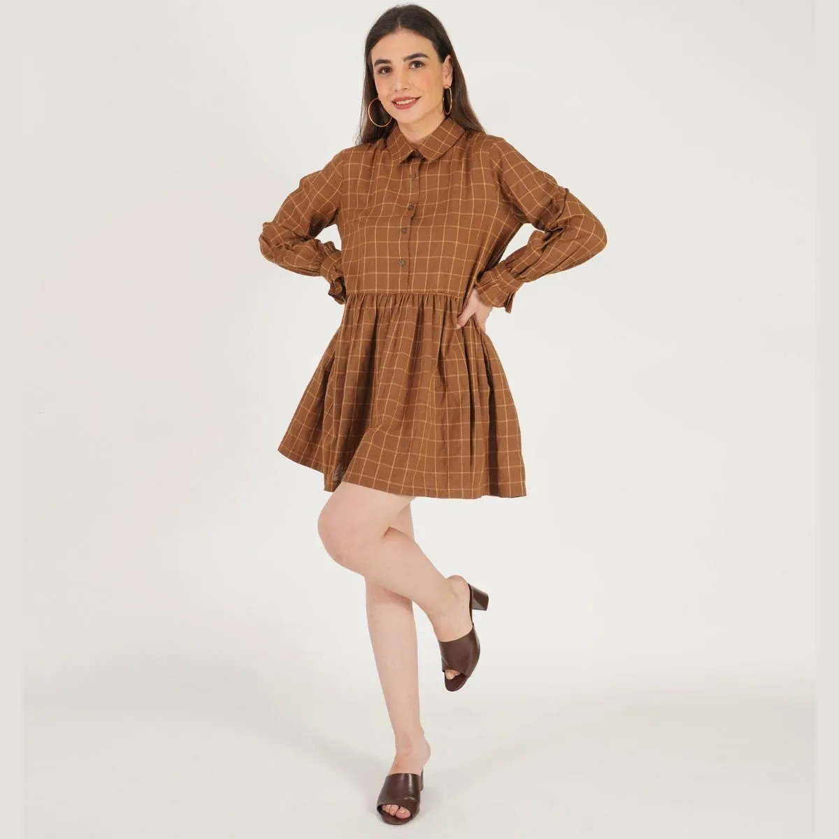 Old School Checkered Dress | Brown Women's dress | Made with 100% cotton
