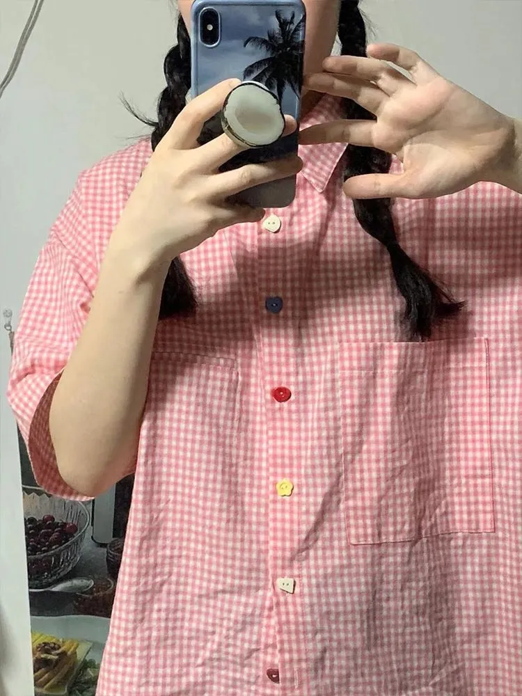 Pink Plaid Cute Button Colors Blouse Shirt