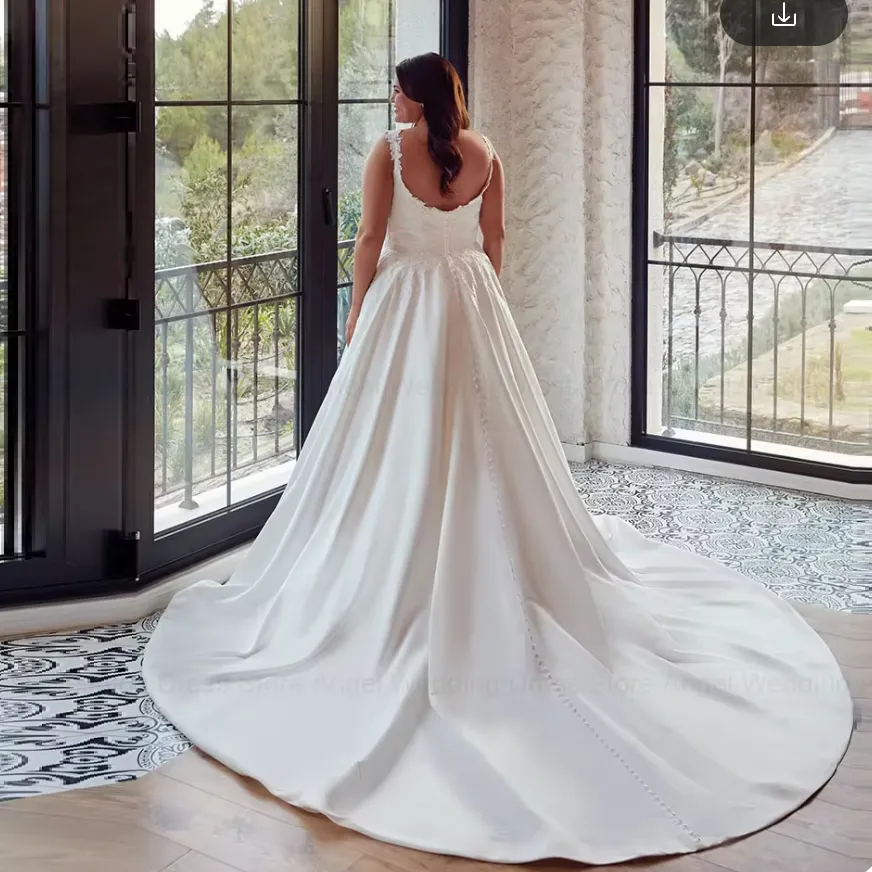 Satin Backless Plus Size Wedding Dresses A-Line Lace  Bridal Gowns