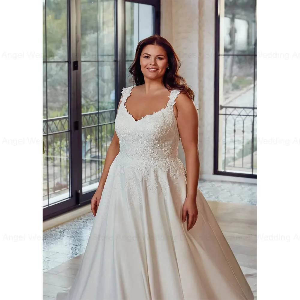 Satin Backless Plus Size Wedding Dresses A-Line Lace  Bridal Gowns