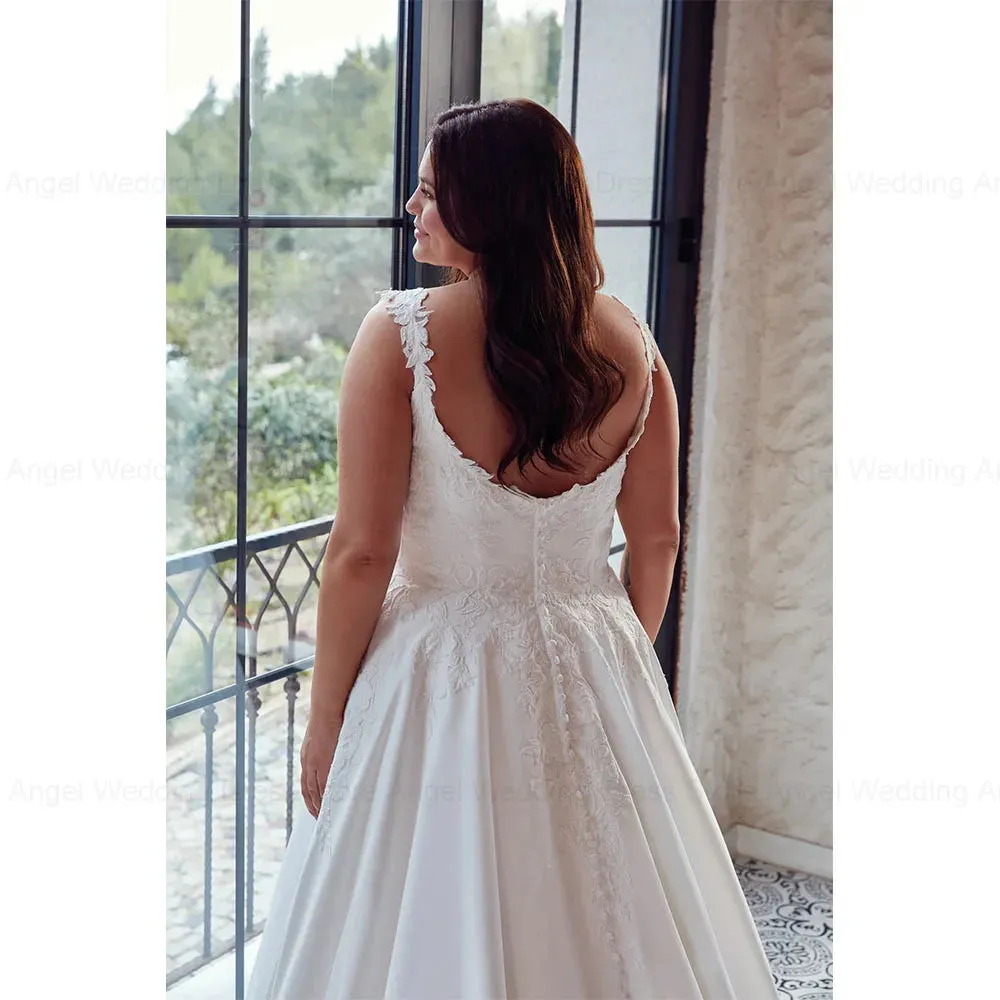 Satin Backless Plus Size Wedding Dresses A-Line Lace  Bridal Gowns