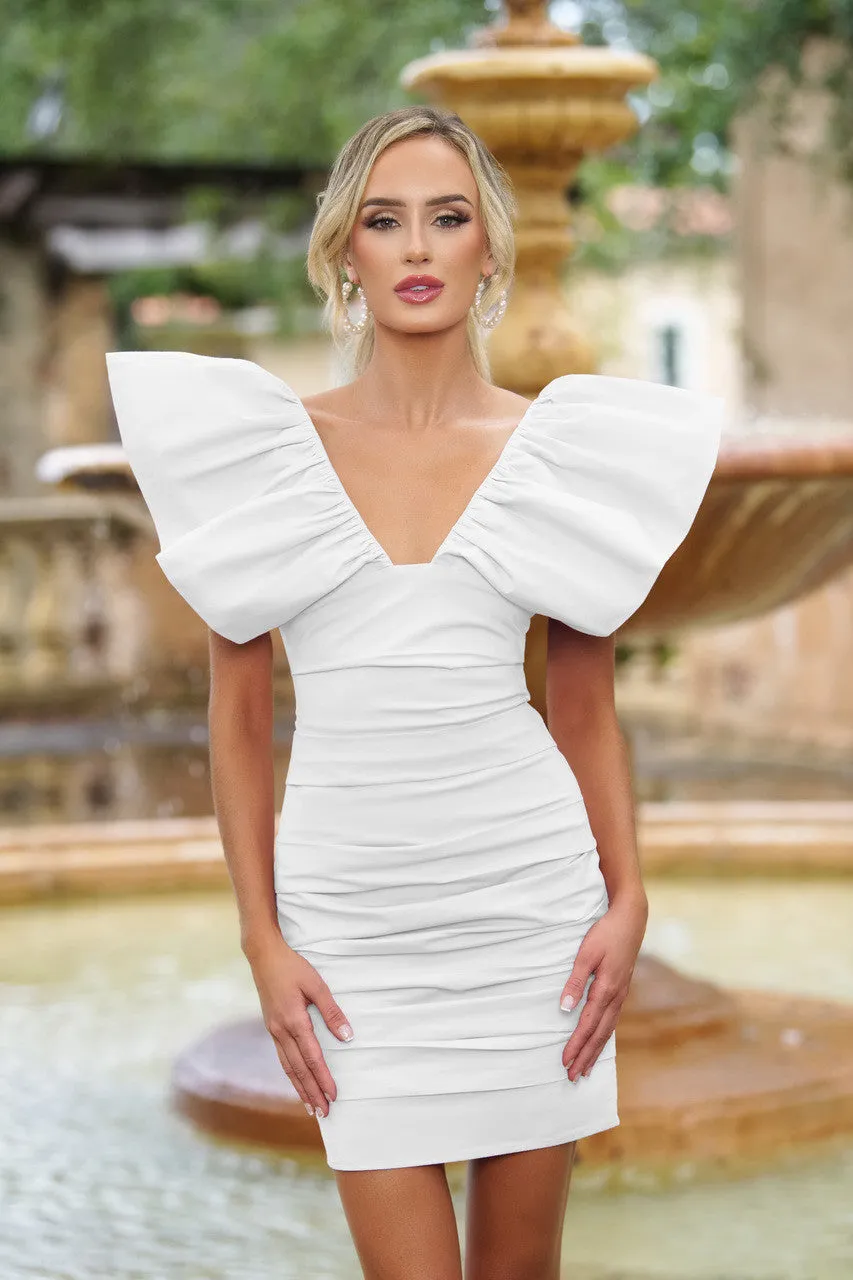 Statement-Shoulder Ruched Tess Mini Dress