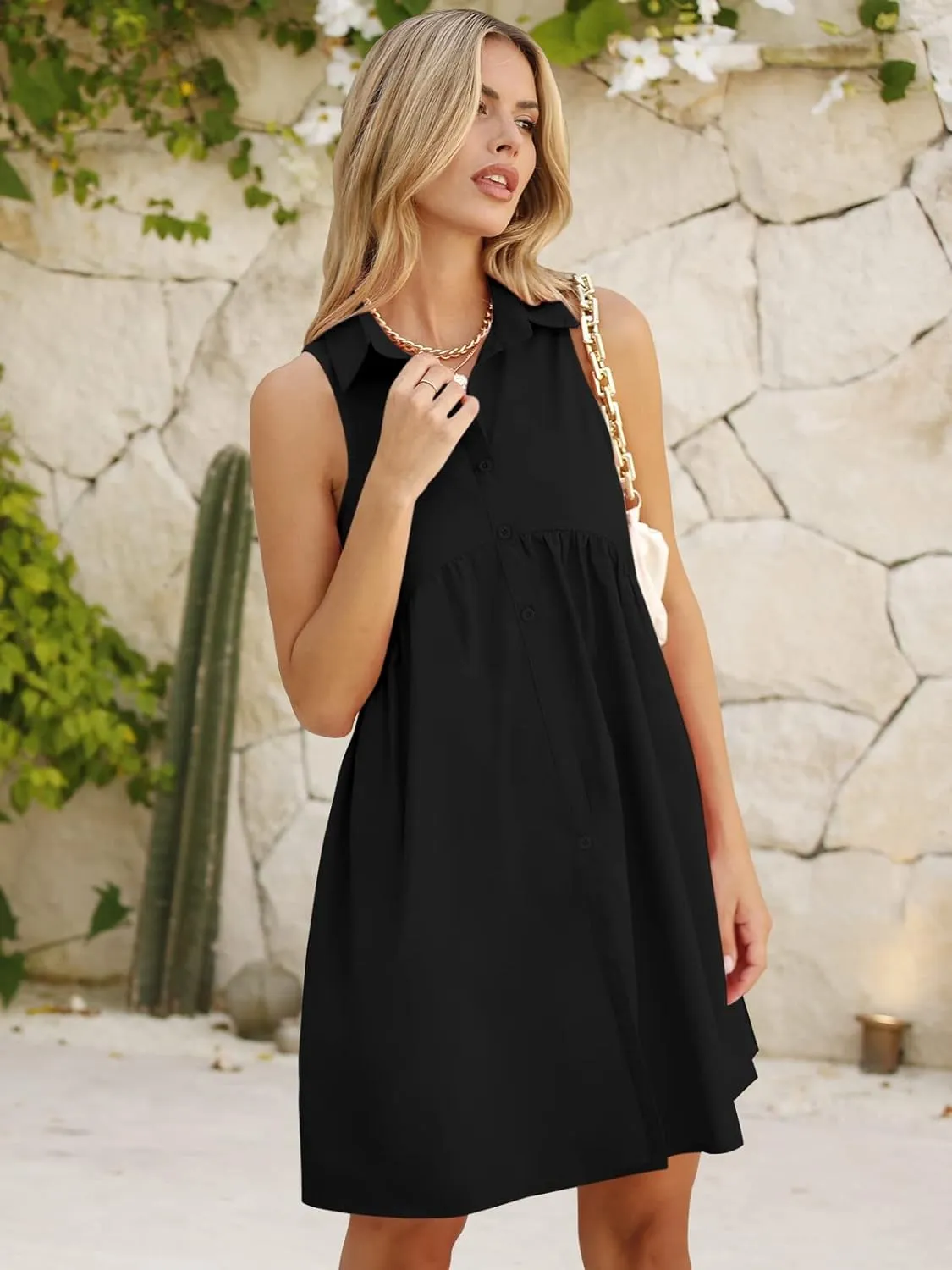 V-Neck Button-Down Mini Shirt Dress with Pockets