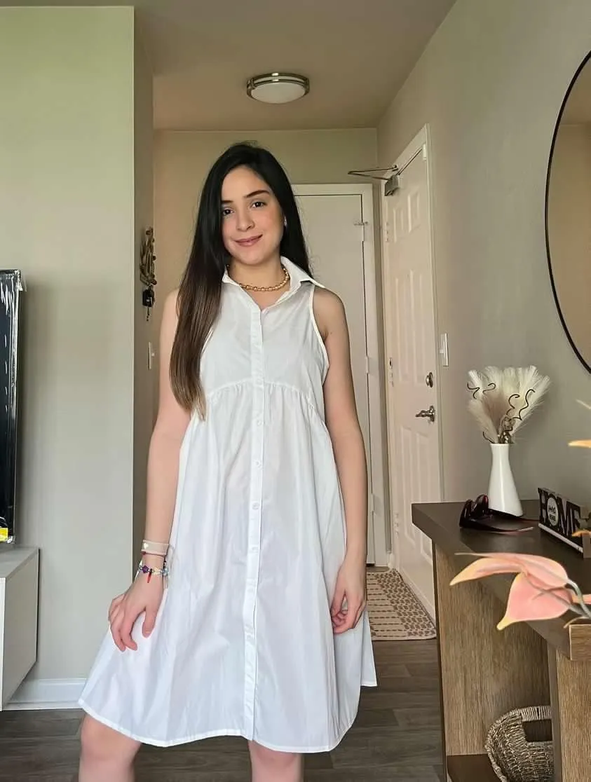 V-Neck Button-Down Mini Shirt Dress with Pockets