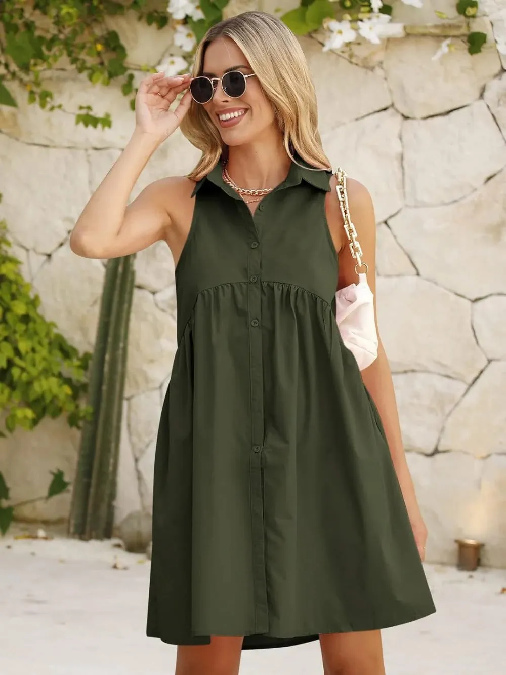 V-Neck Button-Down Mini Shirt Dress with Pockets