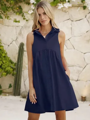 V-Neck Button-Down Mini Shirt Dress with Pockets
