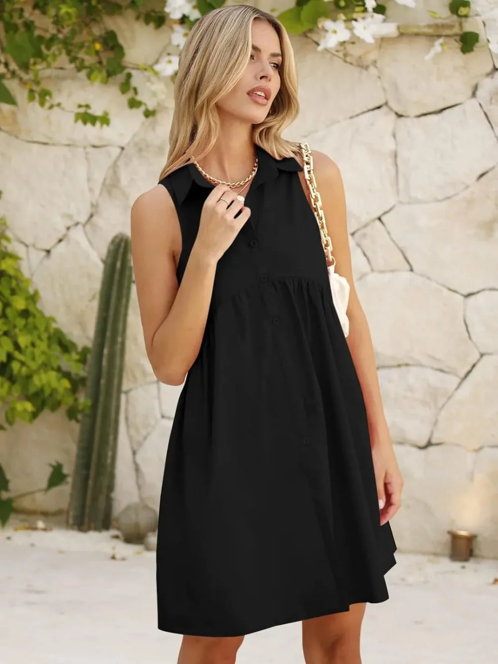 V-Neck Button-Down Mini Shirt Dress with Pockets