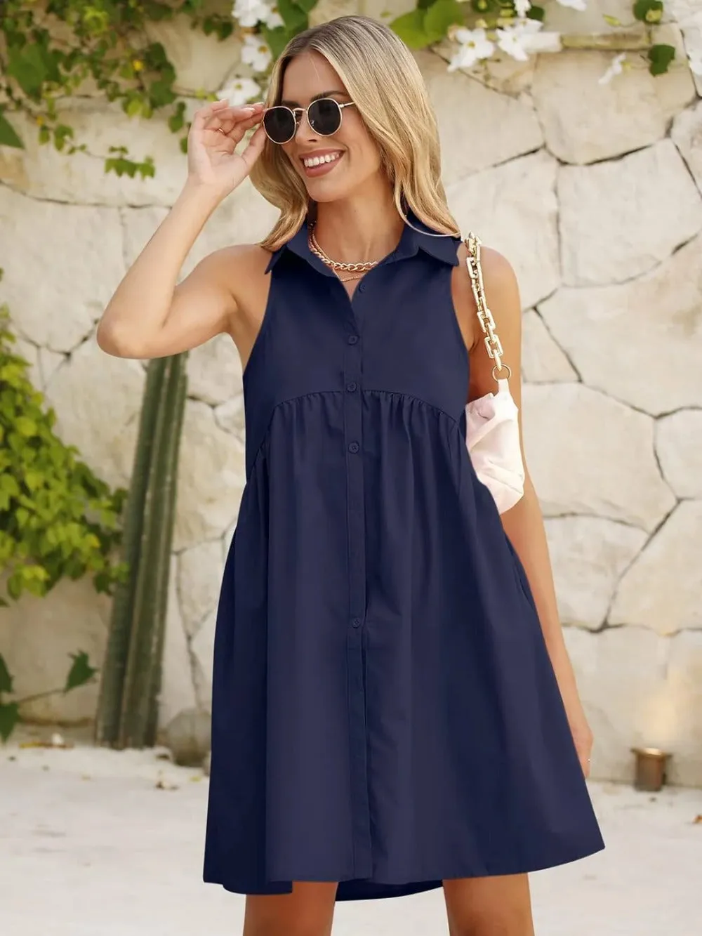 V-Neck Button-Down Mini Shirt Dress with Pockets