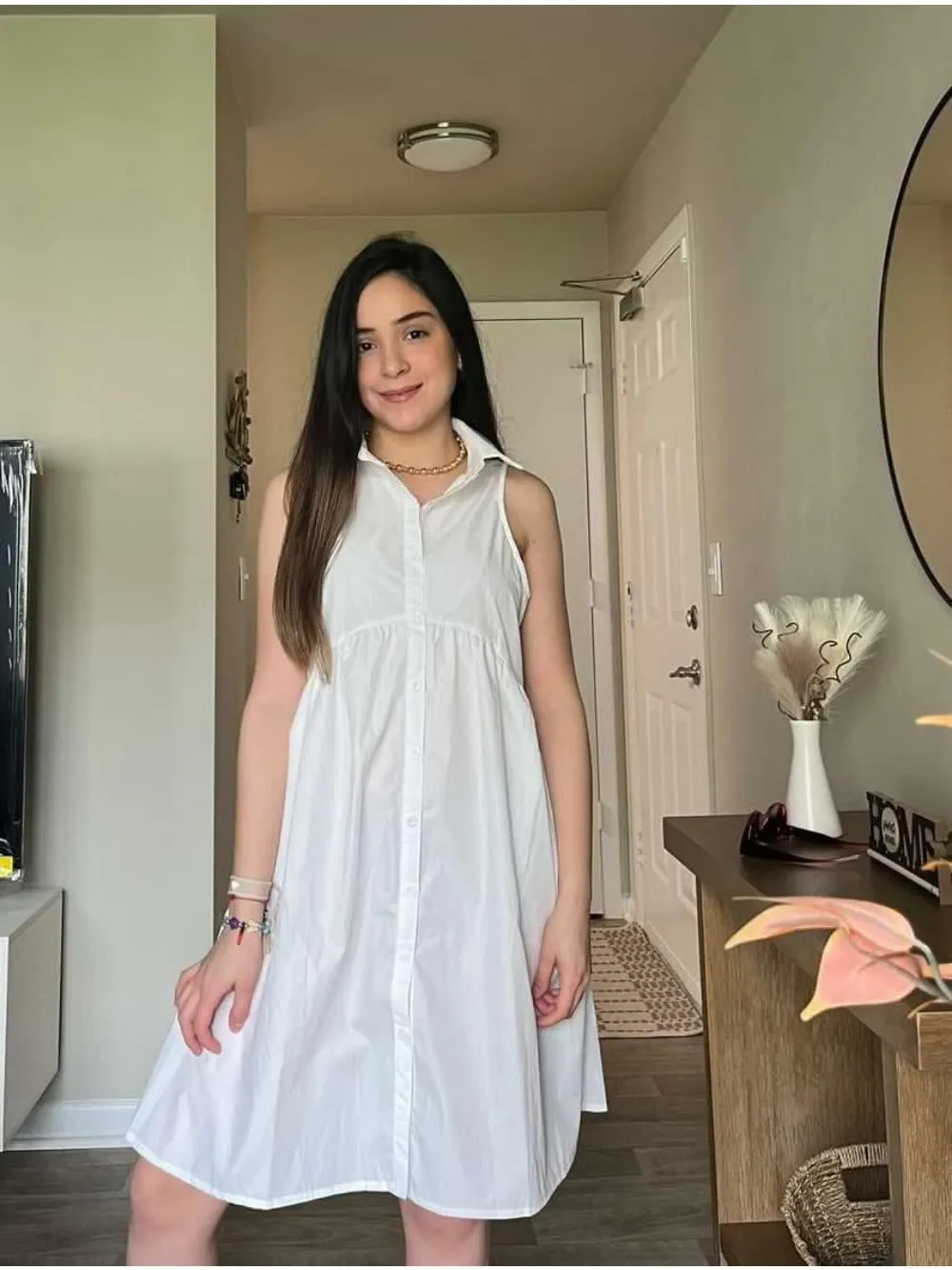 V-Neck Button-Down Mini Shirt Dress with Pockets
