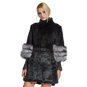 Women's Genuine Rabbit Fur Coat with Fox Fur Cuffs Warm Winter Coat
